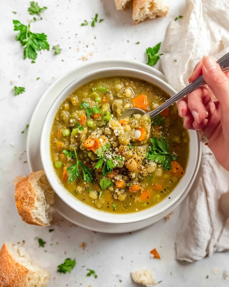 A white bowl filled with a thick greenish soup that has visible pieces of orange carrot, white split peas, and green lentils. The soup is topped with fresh green parsley leaves and a sprinkle of black pepper. A woman's hand is holding a silver spoon scooping some soup, showing the mix of ingredients clearly. Around the bowl are pieces of torn light brown bread resting on a white plate, all set on a white marbled surface with some scattered parsley leaves and bread crumbs. Photo taken with an iphone --ar 4:5 --v 7