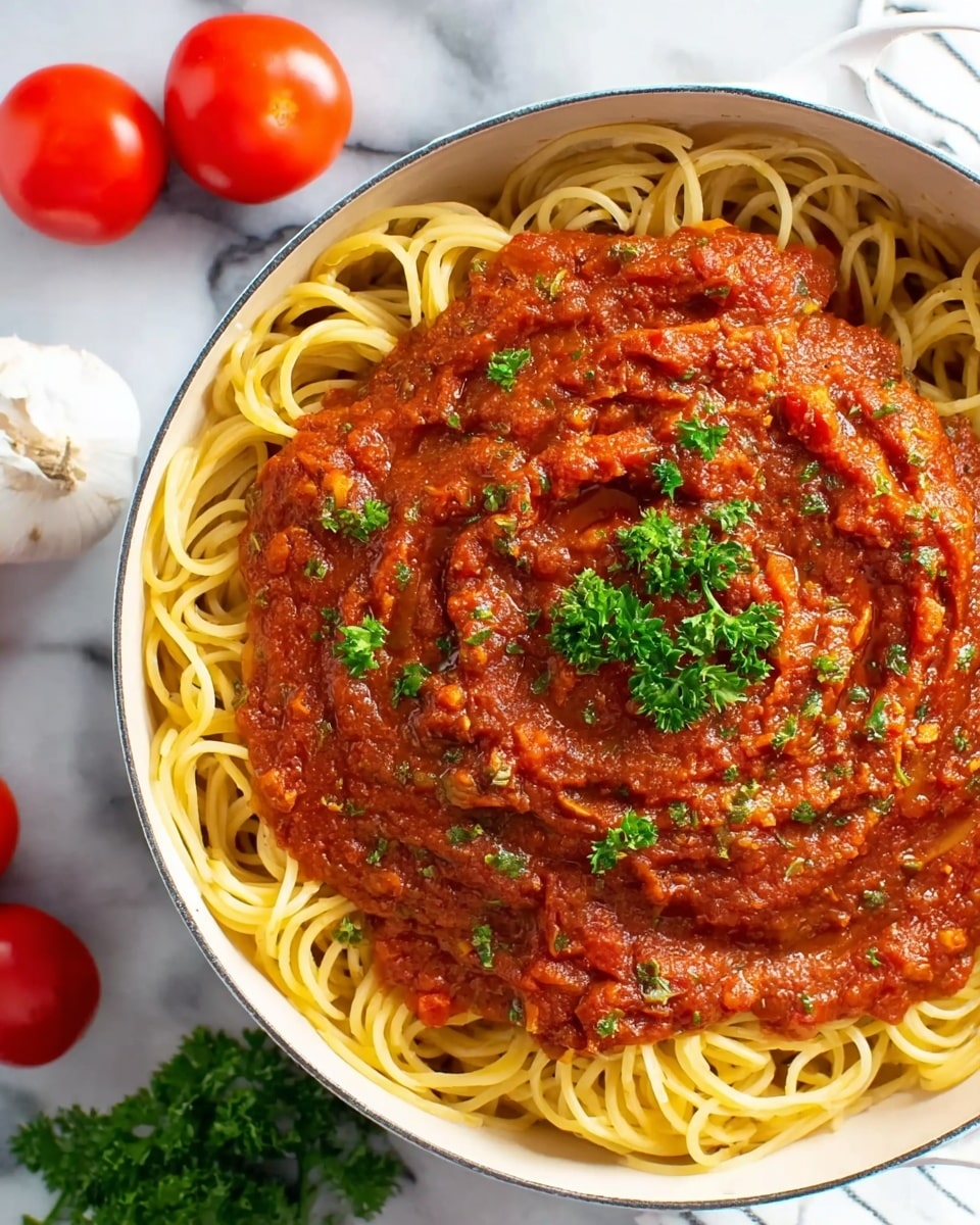 A round white pot filled with a bed of long, thin, yellow spaghetti noodles at the bottom, topped with a thick layer of rich, chunky red tomato sauce that covers most of the pasta. The sauce is textured with visible small pieces of tomatoes and herbs, and scattered green parsley leaves are sprinkled on top, adding contrast and freshness. The pot sits on a white marbled surface with three bright red whole tomatoes and a garlic bulb nearby. Photo taken with an iphone --ar 4:5 --v 7