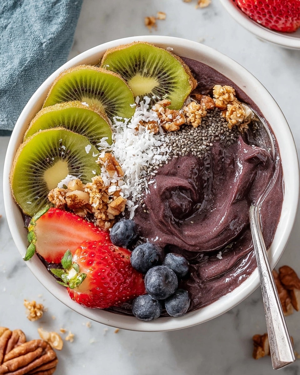 A white bowl filled with a thick, dark purple smoothie base that is creamy and swirled smoothly, topped with fresh fruit and crunchy toppings. On the left side, there are three slices of bright green kiwi with black seeds. Next to the kiwi are two whole red strawberries with green leaves. Below the strawberries, there is a small cluster of dark blue, round blueberries. In the center, golden-brown granola and pecans are sprinkled with white shredded coconut and light grey chia seeds, adding texture and contrast. A metal spoon with a long handle is resting in the bowl on the right side, slightly pressing into the smoothie. The bowl sits on a white marbled surface with some scattered toppings around it. photo taken with an iphone --ar 4:5 --v 7
