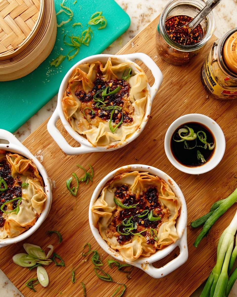 Three white ramekins filled with a baked dumpling dish sit on a wooden surface with a white marbled texture digitally replaced. Each ramekin has a golden-brown, thin dumpling wrapper crust on top with folds and creases, covered in a dark reddish-brown chili oil sauce and sprinkled with green sliced scallions. One ramekin shows the inside filling of light-colored minced meat and vegetables beneath the dumpling layer. Scattered green scallions lay beside a white dipping bowl of dark soy sauce with slices of scallion inside and a jar of chili oil with dark chili flakes to the side. A bamboo steamer basket and a turquoise cutting board with more scallions are also visible around the ramekins. Photo taken with an iphone --ar 4:5 --v 7