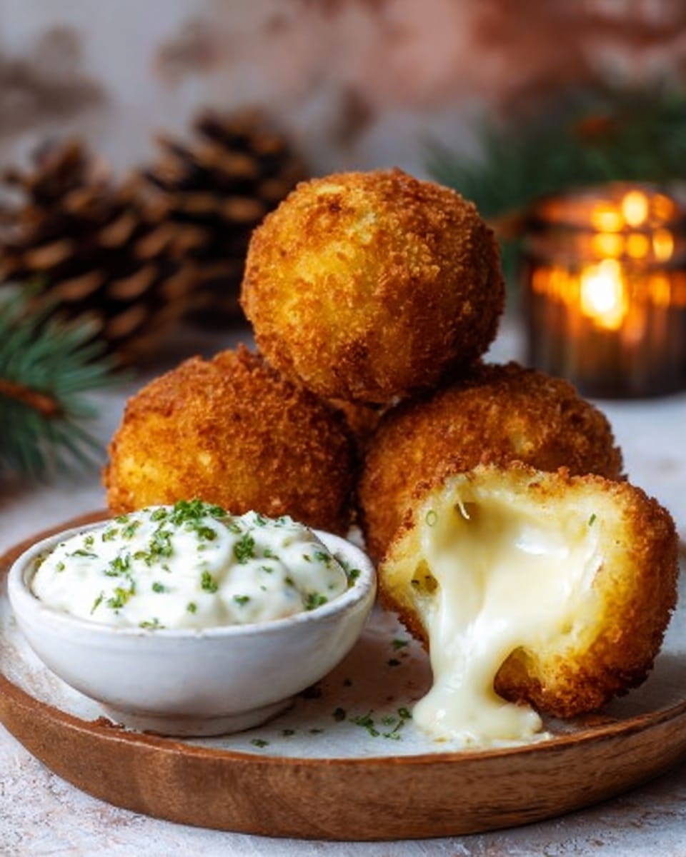 The image shows a close-up of four round, golden-brown fried balls with a crispy texture, stacked on a white plate with a wooden base underneath. One ball is broken open revealing a smooth, melted white cheese inside with a creamy texture. Next to the balls is a small white bowl filled with thick white dip, topped with small chopped green herbs. The background is a white marbled texture and there is a blurry warm candlelight and pine cones, giving a cozy feel. photo taken with an iphone --ar 4:5 --v 7