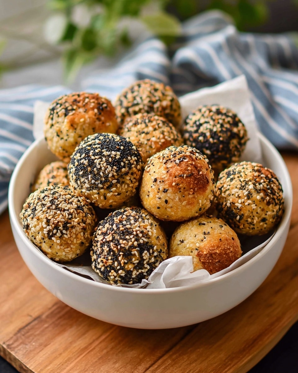 A white bowl filled with about twelve small round bread balls, each covered with a mix of black and white sesame seeds and some with additional poppy seeds, giving them a textured and slightly crunchy top layer. The bread balls are golden brown with some darker toasted spots, showing a baked crust that looks crisp yet soft inside. The bowl sits on a piece of parchment paper on a wooden board, with a striped blue and white cloth and some green leaves blurred in the background. photo taken with an iphone --ar 4:5 --v 7