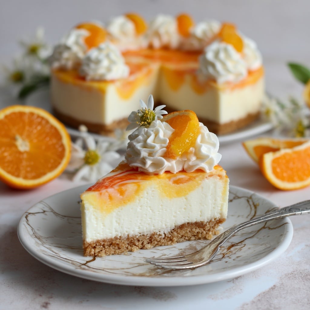 The image shows a round cheesecake with two layers: a thick, crumbly light brown crust at the bottom and a smooth, soft peach-colored creamy layer on top. Around the edge of the cheesecake are even dollops of white whipped cream, each topped with a small triangular slice of bright orange. The cheesecake sits on a clear glass plate that rests on a white marbled surface. Fresh orange halves and small white flowers with yellow centers lie beside the plate, adding a fresh and natural touch. Photo taken with an iphone --ar 4:5 --v 7