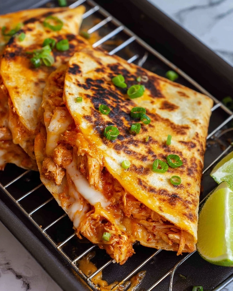 The image shows two golden-brown quesadillas folded in half, placed on a grill rack over a dark tray. Each quesadilla has a slightly charred and toasted tortilla with crispy edges. Inside, there is a melted layer of orange shredded cheese mixed with shredded chicken, giving a rich, gooey texture that oozes slightly from the sides. Bright green small chopped scallions are sprinkled on top of the quesadillas, adding a fresh pop of color. Two lime wedges are on the side of the tray, with a white marbled surface in the background. photo taken with an iphone --ar 4:5 --v 7