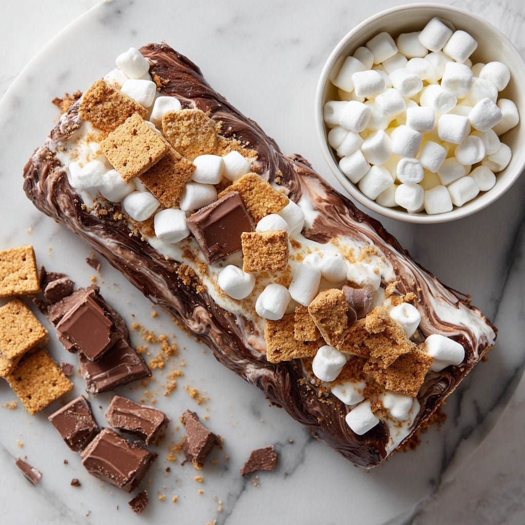 The image shows two stacked s’mores treats on a white marbled surface, each made of layers starting with a chocolate-covered donut base with swirled melted chocolate and white cream. On top, there is a thick layer of mini white marshmallows scattered unevenly, followed by broken pieces of light brown graham crackers and chunks of milk chocolate bars. Next to the treats is a white bowl filled with more mini marshmallows and graham cracker pieces. The overall look is messy yet rich, with a mix of smooth, soft, and crunchy textures in shades of brown, white, and cream. Photo taken with an iphone --ar 4:5 --v 7