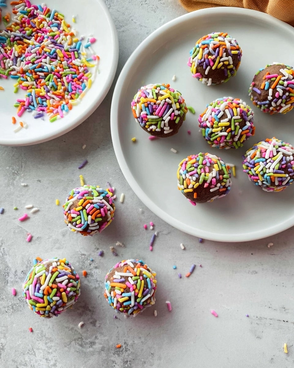 The image shows round chocolate balls arranged on a white rectangular plate with a glossy finish. Each ball is covered with colorful, small cylindrical sprinkles in pastel shades of pink, yellow, green, orange, blue, and white. One chocolate ball in the front is partially eaten, showing a crumbly, soft brown interior. Behind the plate, there is a small white bowl filled with the same colorful sprinkles, and the surface beneath everything is a white marbled texture. photo taken with an iphone --ar 4:5 --v 7