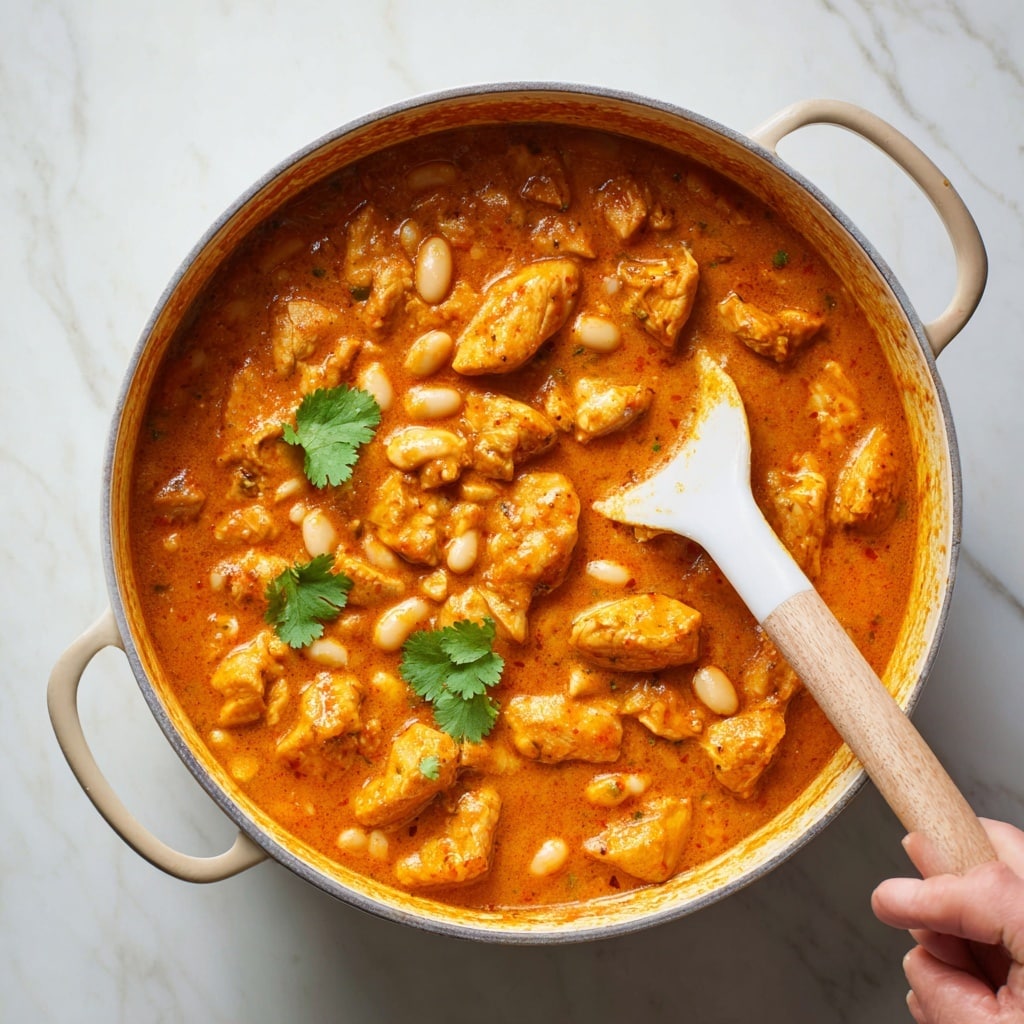 The image shows a rich, creamy stew in a pot, filled with chunky pieces of chicken covered in a thick reddish-brown sauce. On top, there are small white beans scattered evenly and two green cilantro leaves placed near the center. A white spatula with a wooden handle is partially submerged in the stew, held by a woman's hand. The stew looks smooth and glossy with bits of spices visible, all set against a white marbled background. photo taken with an iphone --ar 4:5 --v 7