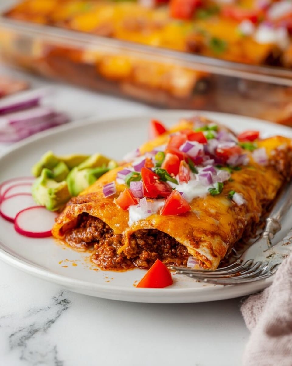A white plate holds a single enchilada with three folded layers of soft tortilla covered in melted orange cheese and red sauce. On top of the enchilada are small diced purple onions, halved red cherry tomatoes, green avocado cubes, and a small dollop of white sour cream. Next to the plate are slices of fresh green avocado with cilantro, and thin round radish slices on a white cloth napkin. Behind the plate is a clear glass baking dish filled with five rolled enchiladas perfectly lined up, covered in melted orange cheese and topped with cherry tomatoes, avocado cubes, and chopped cilantro. A light-colored spatula rests inside the dish. All of this is set against a smooth white marbled surface. Photo taken with an iphone --ar 4:5 --v 7