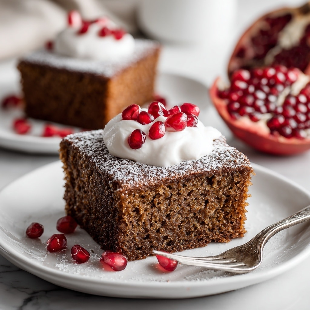 A close-up of a single thick square slice of dark brown cake with a moist and soft texture. The cake is topped with a generous layer of white whipped cream that is fluffy and airy, decorated with a few small, bright red pomegranate seeds scattered on top. The cake rests on a white plate with a silver fork placed beside it. In the background, there is a blurred image of another similar cake slice and a gingerbread house, all set on a white marbled surface. photo taken with an iphone --ar 4:5 --v 7