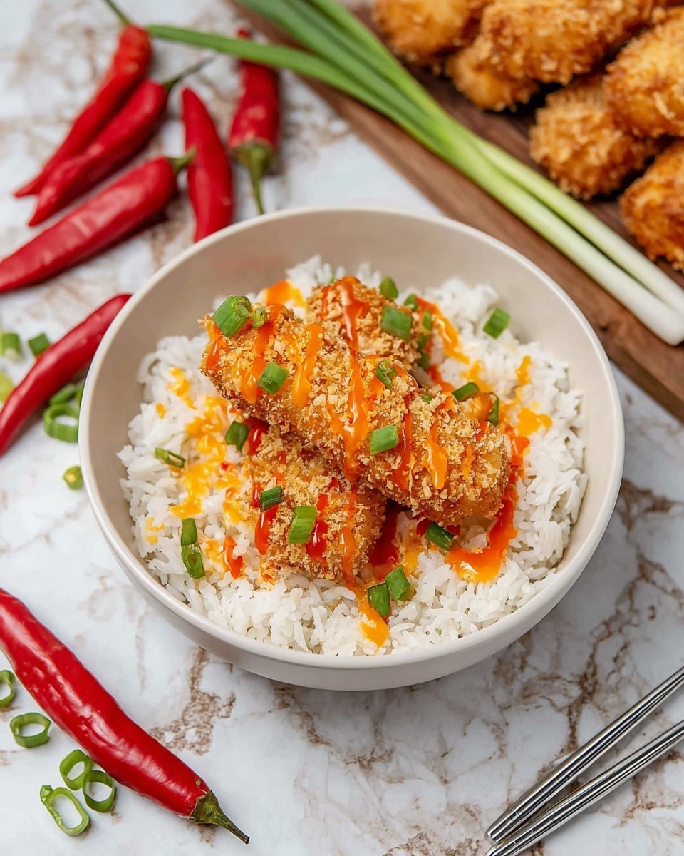 A white bowl filled about halfway with plain white rice, topped with two golden-brown crispy breaded chicken pieces arranged side by side, drizzled with orange spicy sauce, and sprinkled with chopped green onions. In the background, a white marbled surface holds a wooden board with more breaded chicken sticks, bright red chili peppers, and fresh green onions. A pair of silver chopsticks lie diagonally in the front right corner. Photo taken with an iphone --ar 4:5 --v 7