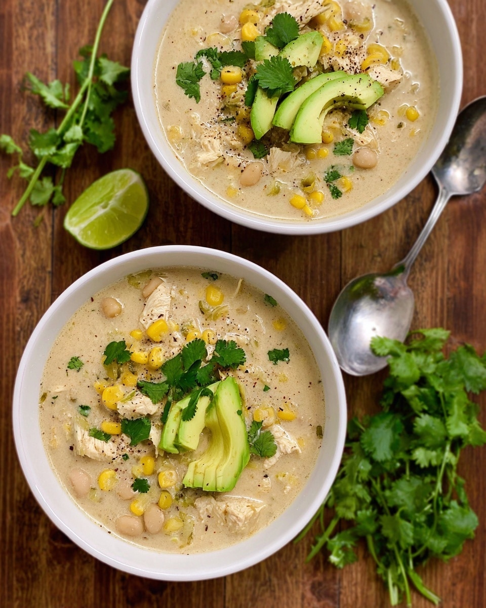 A close-up of a large white pot with orange handles filled with thick, creamy soup. The soup is light greenish-yellow with visible chunks of corn, white beans, small pieces of green bell pepper, and strips of beige chicken mixed evenly throughout. A wooden spoon is stirring the soup, resting in the pot. The pot is placed on a wooden surface with a red and white checkered cloth in the background. The texture of the soup looks smooth and hearty. photo taken with an iphone --ar 4:5 --v 7