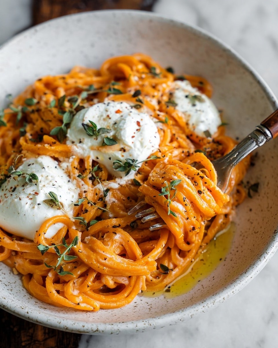 A close-up of creamy orange pasta noodles twisted in a white speckled bowl, topped with dollops of soft white cheese and small green herb leaves scattered on top, the cheese has a smooth, slightly melted texture with a drizzle of olive oil and freshly ground black pepper sprinkled over the entire dish, a silver and wood-handled fork lifting a twirl of pasta from the side, all placed on a white marbled surface photo taken with an iphone --ar 4:5 --v 7
