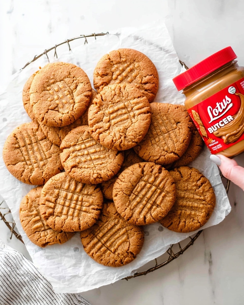 A close-up view of a textured, brown peanut butter cookie standing upright on a white crumpled paper surface, partially dipped in a smooth, creamy mound of light brown peanut butter spread at the base; behind it, there is a stack of seven similar cookies arranged vertically, with more cookies scattered around them, and a blurred glass of white milk and a red peanut butter jar in the background, all set against a white marbled texture surface. photo taken with an iphone --ar 4:5 --v 7