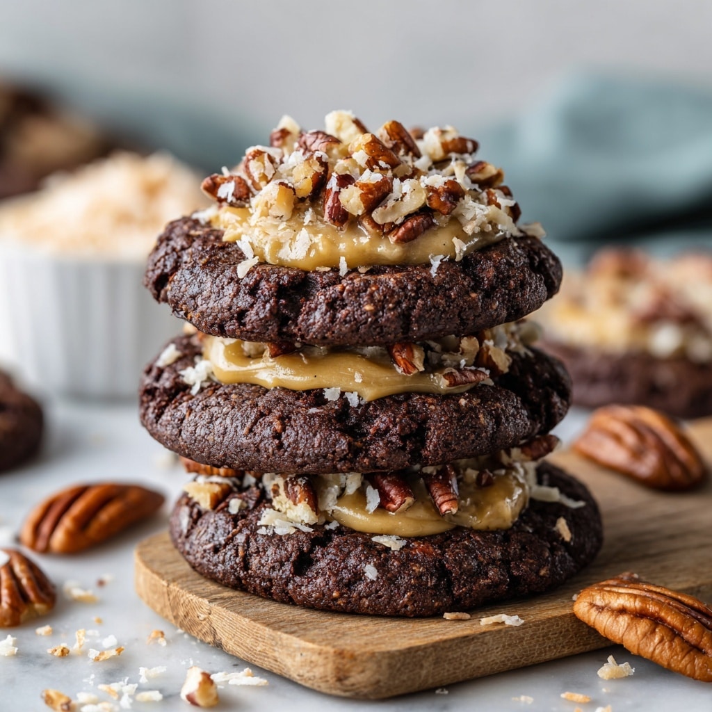 A single cookie with a bite taken out of it sits on a white marbled surface, showing a dark brown, slightly crumbly base layer. The top layer is a glossy caramel-colored frosting mixed with chopped pecans that add texture and a rich, nutty look. Scattered whole and broken pecans lie around the cookie. Behind it, a white bowl filled with pecans and a white and black checkered cloth are softly blurred. In the far background, more similar cookies are visible out of focus. photo taken with an iphone --ar 4:5 --v 7