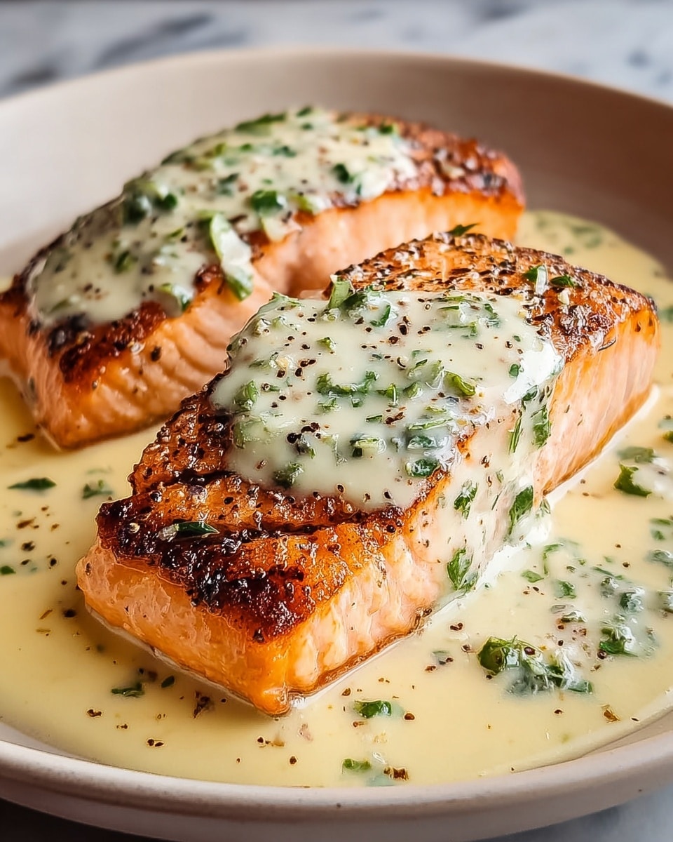 The image shows four golden-brown cooked salmon fillets placed in a black skillet, partly covered with thick creamy white sauce sprinkled with chopped green herbs. A large silver spoon rests on the left side inside the skillet, touching some sauce. The sauce looks smooth with tiny specks of black pepper, and the green herbs add bright color contrast on top of the salmon and sauce. The background is a white marbled surface. photo taken with an iphone --ar 4:5 --v 7