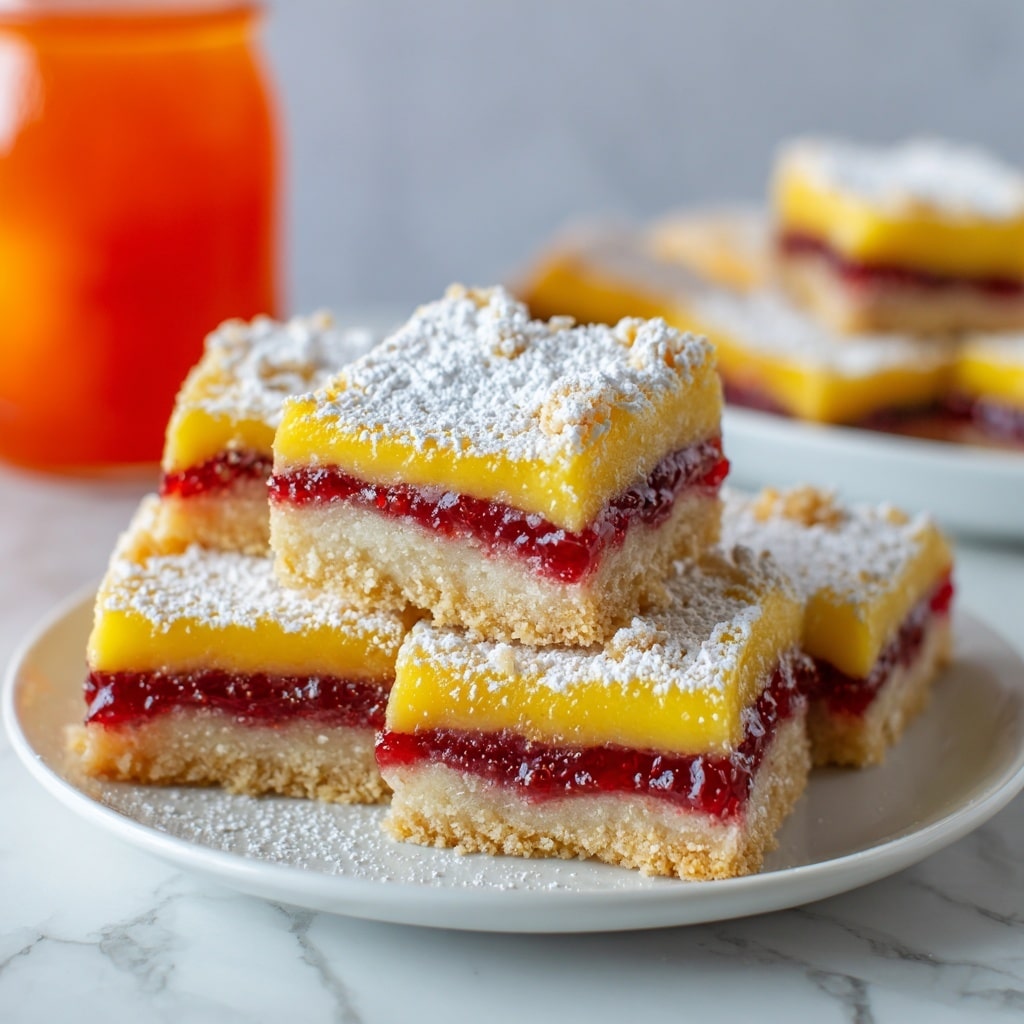 The image shows five square dessert bars arranged on a white plate, each bar with three visible layers: a light brown crumbly base, a bright red fruit filling in the middle, and a thick, smooth yellow custard layer on top. The yellow layer has a slightly shiny and soft texture, while the red fruit layer looks moist and slightly gooey. All the bars are dusted with a fine layer of white powdered sugar, giving a soft snowy effect on top. The background has a white marbled texture, and a glimpse of an orange glass jar and an additional white plate with a dessert bar can be seen in the blur. Photo taken with an iphone --ar 4:5 --v 7