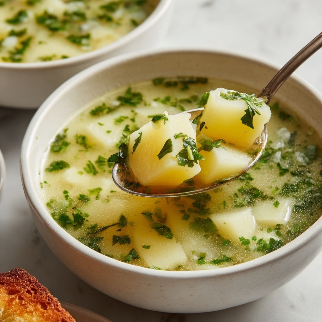 Two white bowls filled with chunky yellowish-green soup containing diced potatoes and herbs sit on a white marbled surface. The soup has pieces of potatoes layered throughout, topped with chopped green herbs and cracked black pepper. Each bowl has a silver spoon resting inside. A small white bowl beside them holds golden-brown toasted bread cubes. A halved roasted garlic bulb and some fresh green parsley are also placed around the bowls alongside a black and white checkered cloth. The scene is well-lit and cozy, with clear focus on the texture and color of the soup. photo taken with an iphone --ar 4:5 --v 7