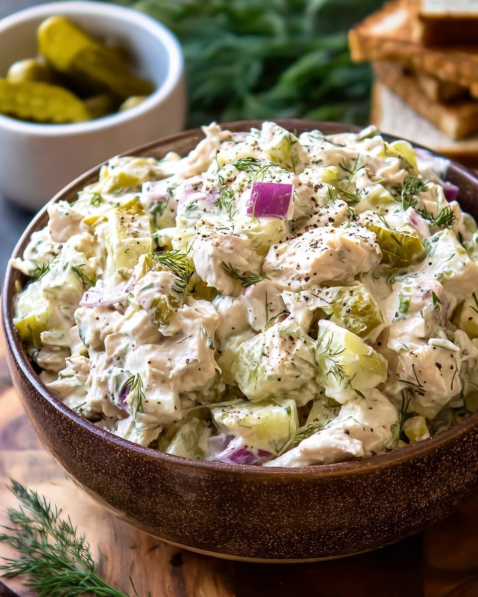 A flaky, golden-brown croissant is sliced open and filled with a creamy chicken salad that has visible chunks of white chicken, light green celery, and small pieces of purple onion, all speckled with black pepper and garnished with sprigs of fresh dill. The croissant sits beside a few round, translucent pickle slices on a white plate placed on a white marbled surface, with some dill sprigs scattered nearby. Photo taken with an iphone --ar 4:5 --v 7