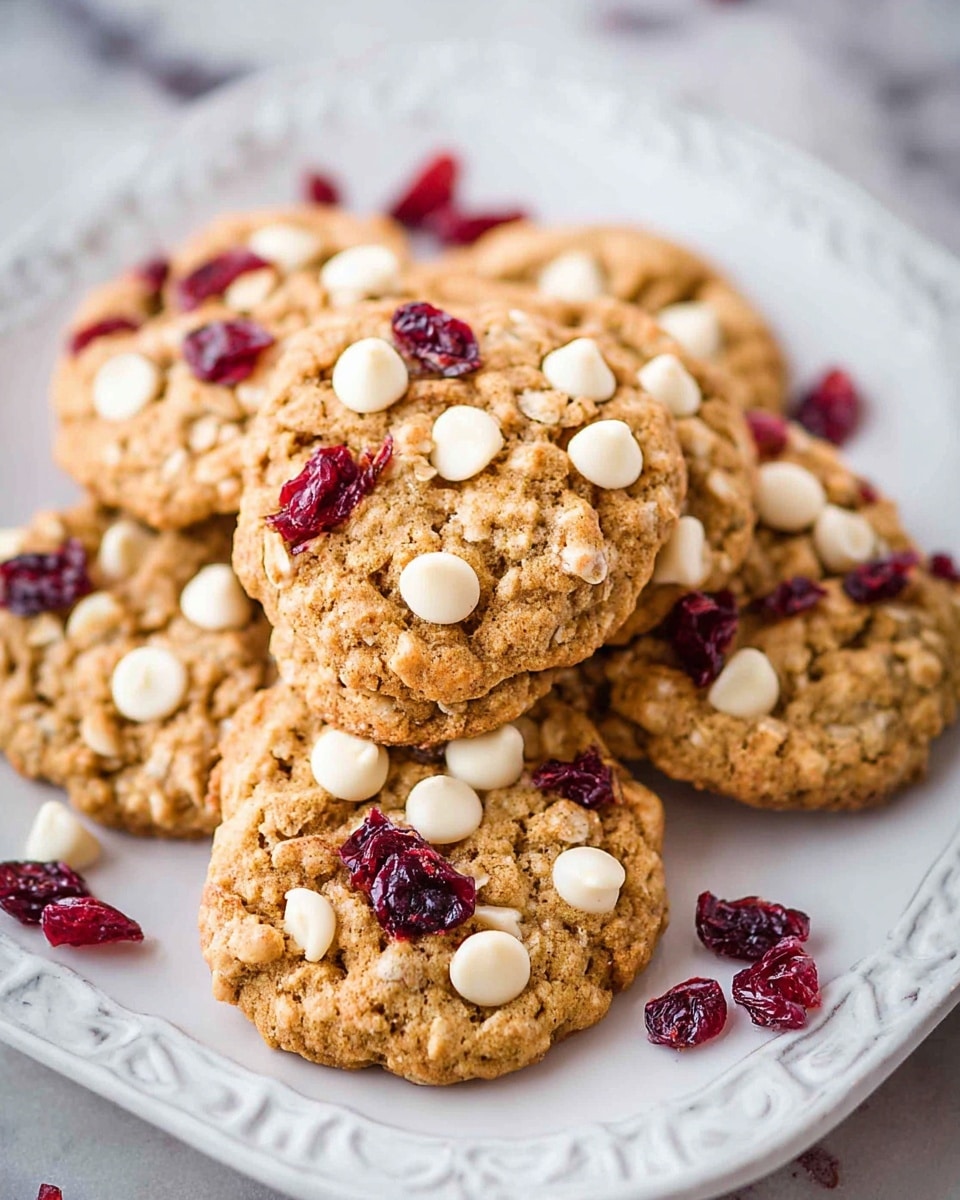 A white decorative plate holds a stack of golden brown oatmeal cookies with a rough texture. Each cookie is dotted with white chocolate chips that stand out in contrast, and deep red dried cranberry pieces scattered on top and around the plate add vibrant color. The cookies look soft and chewy, with some irregular edges. The plate sits on a white marbled surface, adding a clean, bright background. photo taken with an iphone --ar 4:5 --v 7