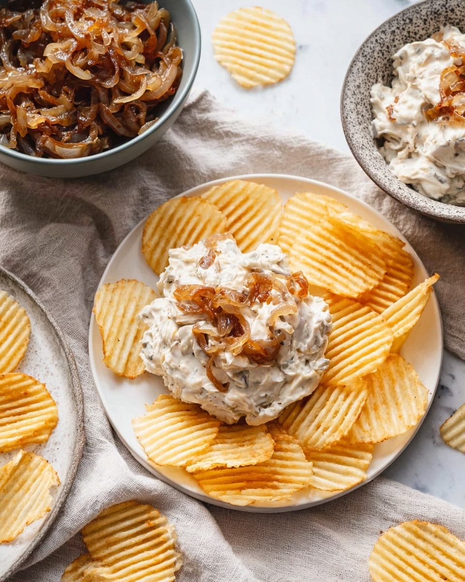 The image shows a white round plate with a layer of large, ridged potato chips arranged in a circle. On top of the chips, there is a creamy dip with visible caramelized onion pieces mixed throughout, giving it a textured look with white and light brown colors. Behind the plate, there is a gray bowl filled with more caramelized onions, and to the right, a speckled bowl holds more creamy dip with onion pieces, surrounded by more potato chips placed on the edges. Everything sits on a soft, light-colored fabric background with a white marbled texture underneath. photo taken with an iphone --ar 4:5 --v 7