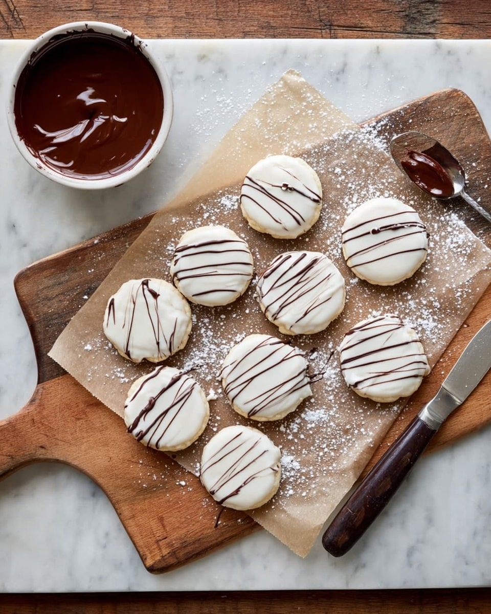 A white round plate on a white marbled surface holds about fifteen small round cookies. Each cookie has two layers; the bottom layer is smooth white with a shiny texture, and the top half is dipped in smooth milk chocolate, creating a sharp division across the middle. Some cookies have thin dark chocolate lines drizzled over the white part, adding a striped pattern. A woman's hand holding a fork reaches over the plate, and a cup filled with melted dark chocolate is partially visible to the side. The scene is bright and clear, showing fine details of the cookie textures. photo taken with an iphone --ar 4:5 --v 7