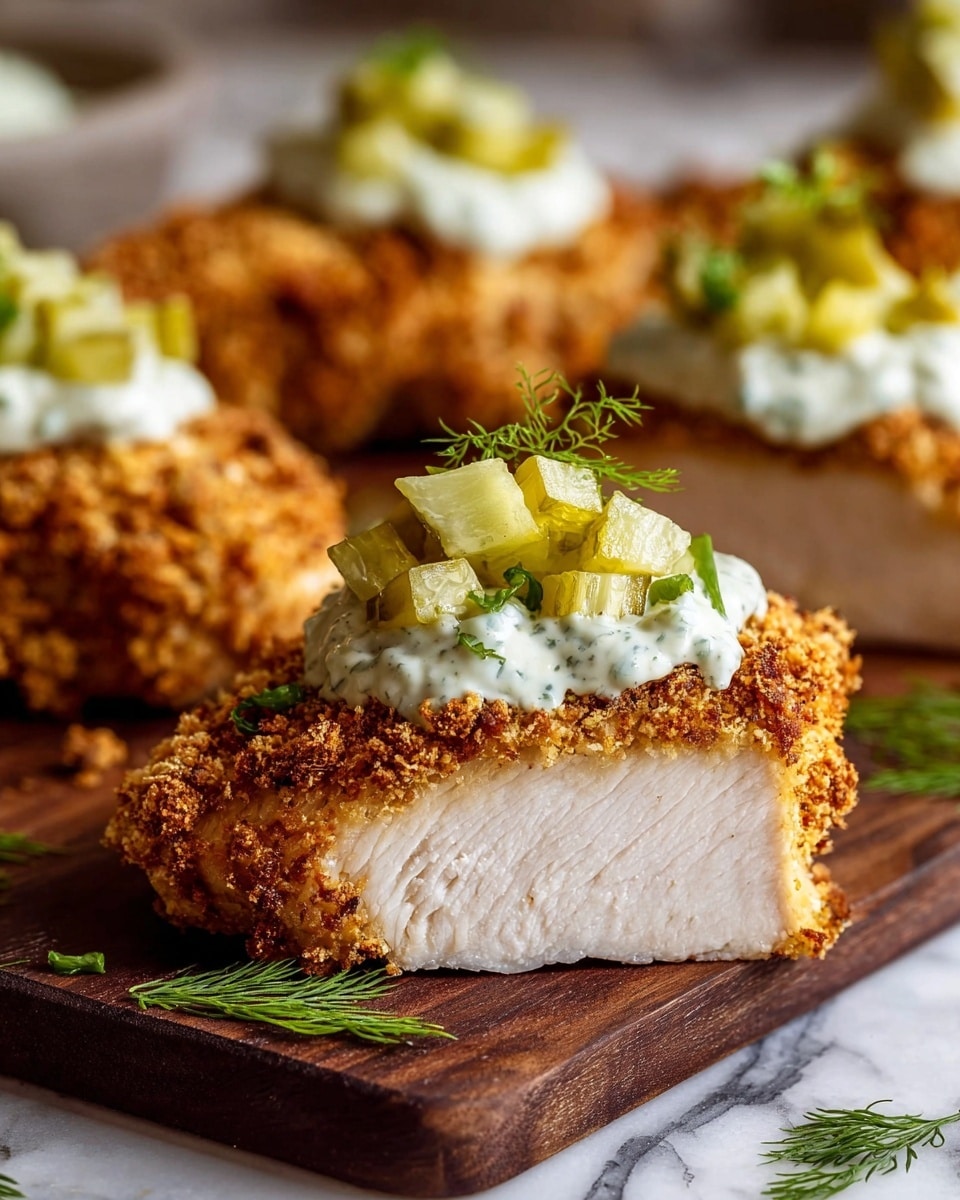 Two pieces of breaded chicken sit on a round wooden plate over a white marbled surface. The chicken is golden brown with a crispy texture, showing some toasted edges. The top layer is covered with small bits of grated cheese and dollops of white creamy sauce with herbs. Small chopped green pickles are scattered on and around the chicken. In the background, there are blurred bowls of more pickles and herbs. To the lower right side, two silver forks rest on the white marbled surface. photo taken with an iphone --ar 4:5 --v 7