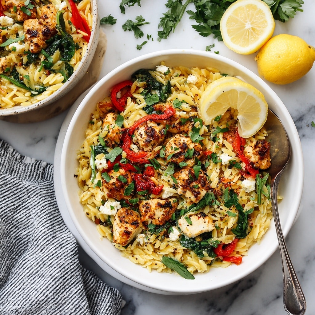 A large silver pan filled with a mixed dish showing several layers: the base is small, light yellow pasta pieces shaped like grains mixed with some green spinach leaves, above that are browned pieces of cooked meat scattered evenly, bright red slices of bell pepper, and small chunks of white cheese distributed across the pan. The top layer is sprinkled with fresh green herbs and some black pepper, creating a colorful and fresh look. The pan is placed on a white marbled surface, with a plate holding lemon slices and greens nearby. photo taken with an iphone --ar 4:5 --v 7