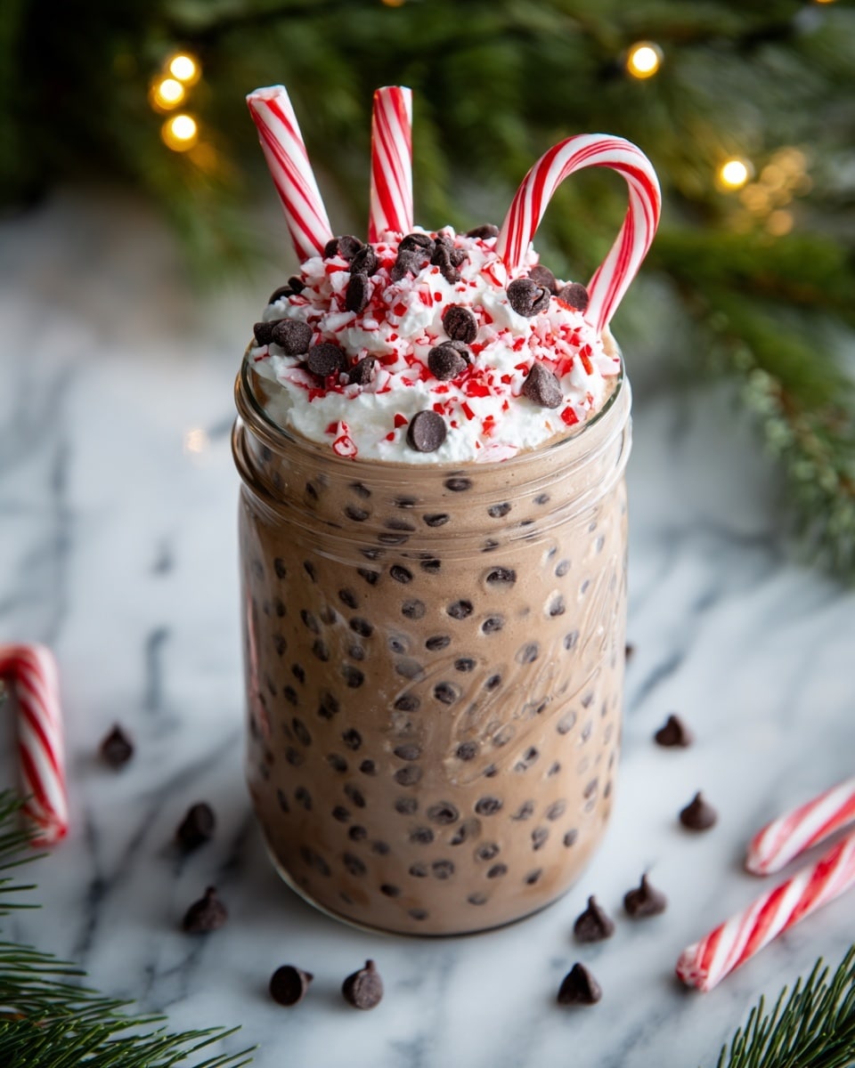 The image shows a tall transparent glass jar filled with a thick, creamy chocolate drink that has small dark chocolate chips mixed throughout. On top, there is a generous layer of whipped cream, covered with a mix of dark chocolate chips and crushed red and white candy cane pieces. Two whole red and white striped candy canes are placed sticking out of the cream. The jar sits on a white marbled surface with scattered candy cane pieces and chocolate chips around it. Green fir branches and soft holiday lights are blurred in the background, giving a festive feel. Photo taken with an iphone --ar 4:5 --v 7
