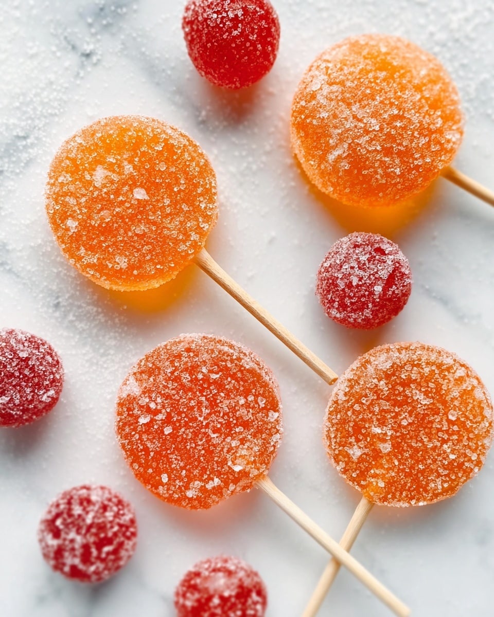 Five round orange lollipops covered lightly with white sugar crystals are stuck into a clear glass jar filled with white granulated sugar. The jar is tied with a curled yellow ribbon around its neck. In the background, a clear glass holds several pink sugar-coated lollipops. One orange lollipop lies broken on the white marbled surface near the jar, with a small orange sticky piece next to it. The jar sits on a white crochet cloth on the white marbled texture surface. photo taken with an iphone --ar 4:5 --v 7