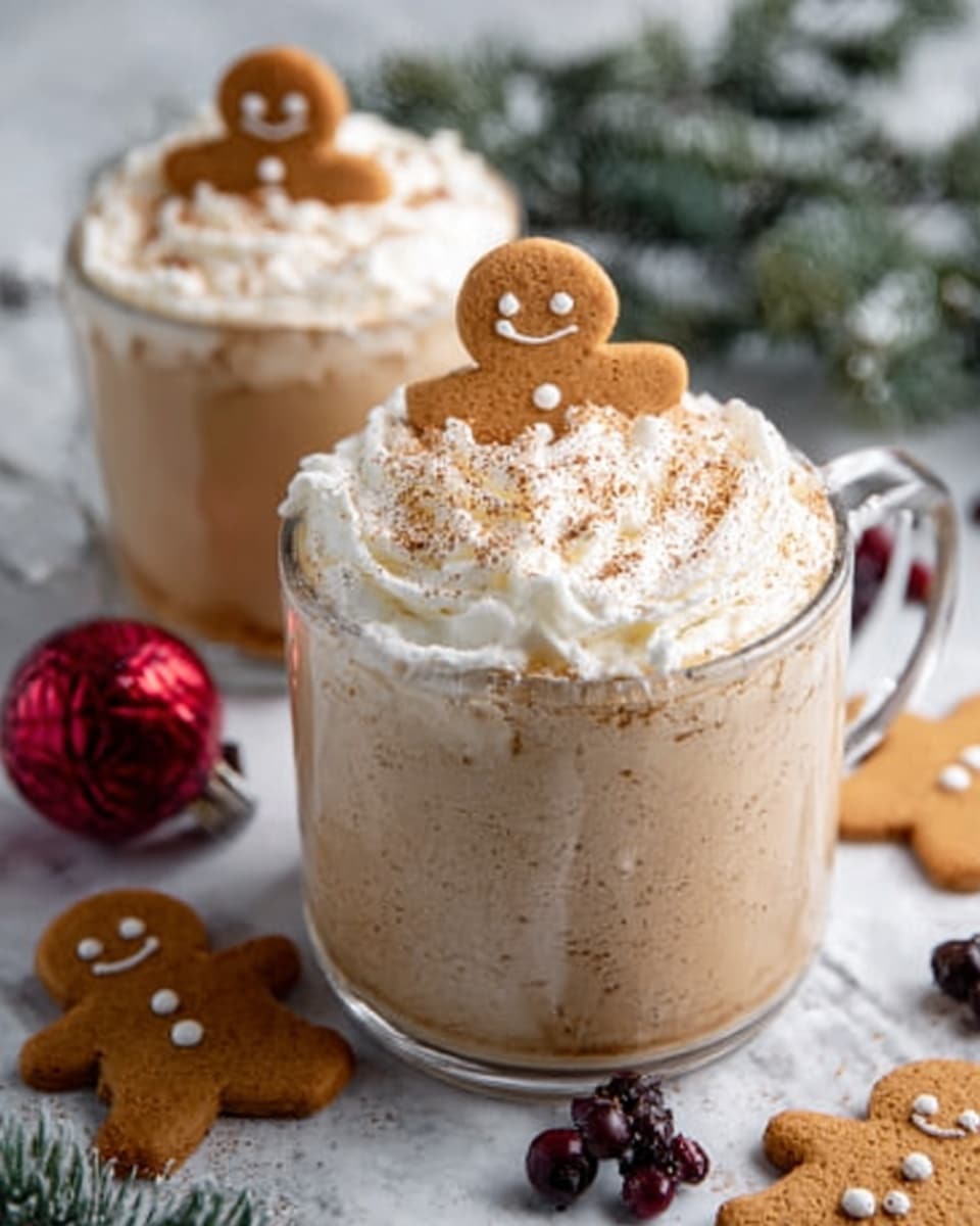 A clear glass cup filled with a creamy light brown drink topped with a thick layer of white frothy foam. On top of the foam, there are two small gingerbread cookie figures leaning against the rim, dusted lightly with powdered sugar. A gold spoon is dipped into the drink, lifting some of the thick whipped cream and drink mixture, showing swirls of white and light brown with a soft, fluffy texture. The cup is sitting on a white marbled surface, surrounded by whole gingerbread cookies and a couple of red berries. Photo taken with an iphone --ar 4:5 --v 7
