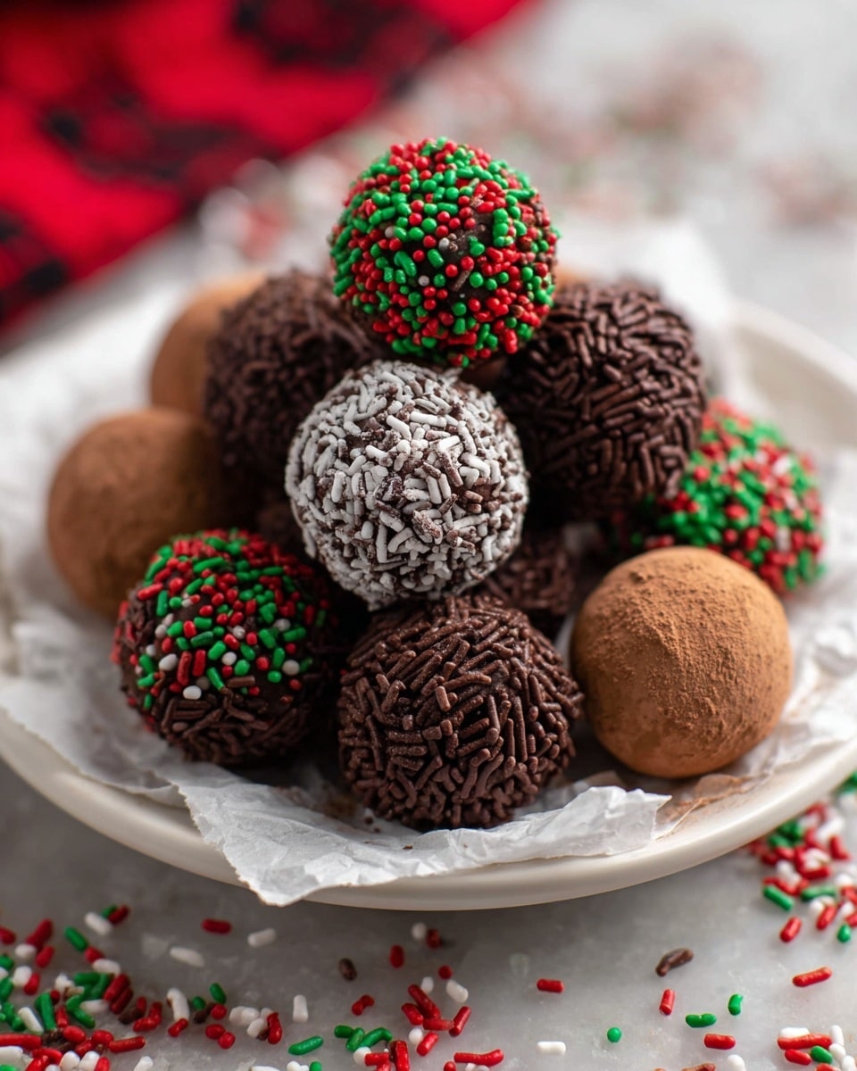 A close-up of several chocolate truffles in a white bowl showing different coatings: one truffle is coated with smooth dark chocolate and decorated with red and green sprinkles on top, another is covered with small dark chocolate sprinkles, and a few are dusted with a light layer of cocoa powder. One truffle is cut in half, showing a dense, rich, fudgy chocolate center with a slightly rough texture inside. The white bowl rests on a white marbled surface, and the image captures the truffles’ varied textures and rich brown colors clearly. photo taken with an iphone --ar 4:5 --v 7