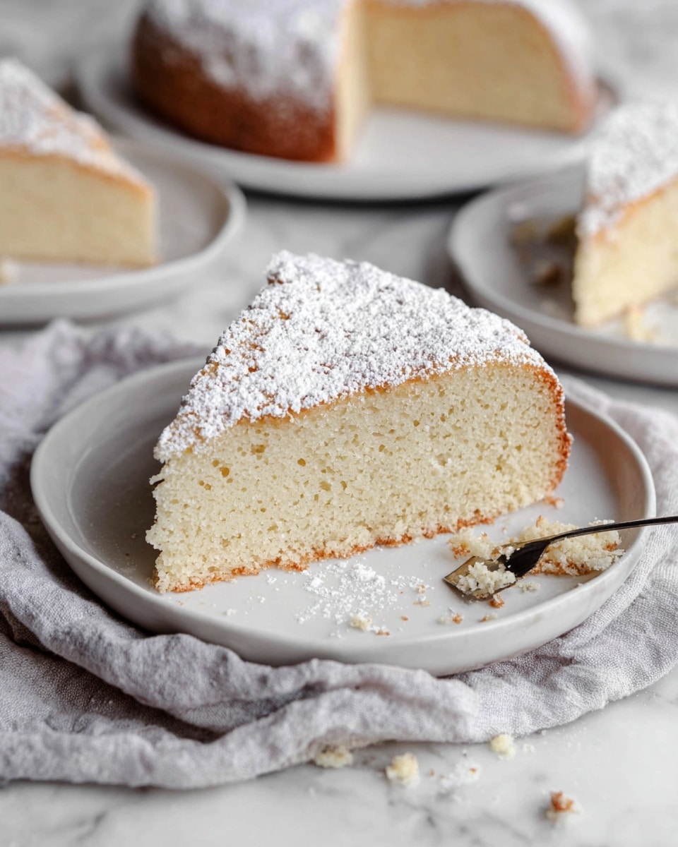 A single slice of soft, light beige cake with a slightly golden-brown crust sits on a white plate, topped with a thick layer of powdered sugar dusted evenly over the top. The texture of the cake looks fluffy and airy, with small, even holes inside. The plate is placed on a crumpled light gray cloth on a surface with a white marbled texture. In the background, there are more slices of the same cake on white plates, slightly blurred, with some cake crumbs scattered around. A small silver fork with crumbs rests near the front. Photo taken with an iphone --ar 4:5 --v 7