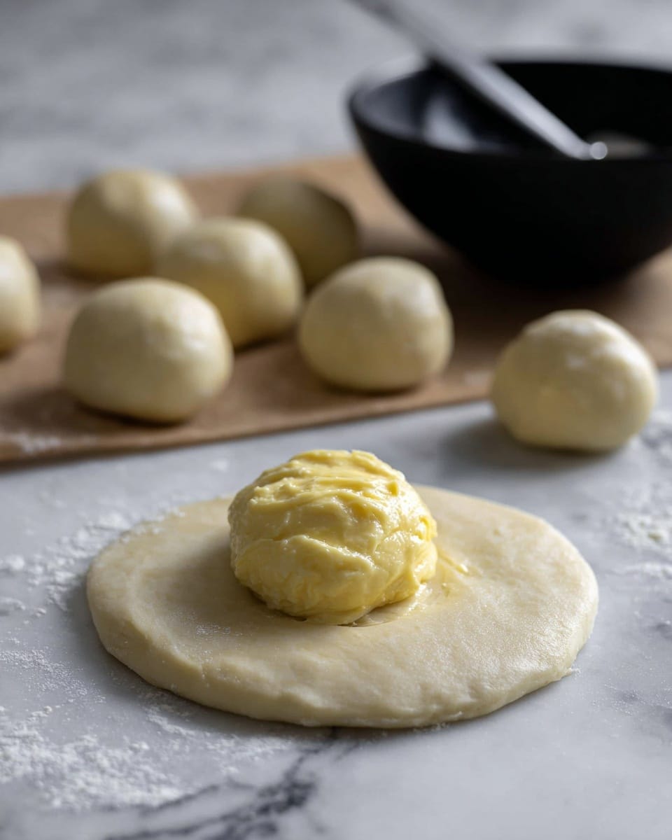 A close-up view of a sweet swirl pastry showing two main layers with a shiny golden brown top layer curling inward in spiral ridges, and a thicker, soft cream-colored base layer beneath. Behind it, multiple round pastries with a glossy, golden brown coiled top and a light, fluffy beige base layer rest on a white marbled surface. The front pastry is set on a crumpled white parchment paper that adds a rustic feel. photo taken with an iphone --ar 4:5 --v 7