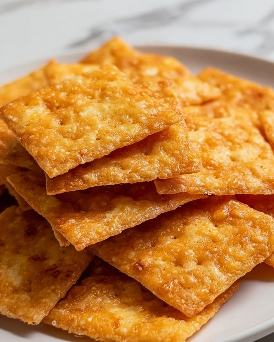 A close-up view of a pile of square-shaped crackers stacked in two layers on a white plate. The top layer consists of several golden-brown crackers with a slightly glossy, textured surface showing light and darker orange patches. The bottom layer has more crackers partially visible under the top ones, showing a similar crispy texture but with a slightly lighter color. The plate rests on a surface with a white marbled texture, adding a clean, bright background to the warm tones of the crackers. Photo taken with an iphone --ar 4:5 --v 7