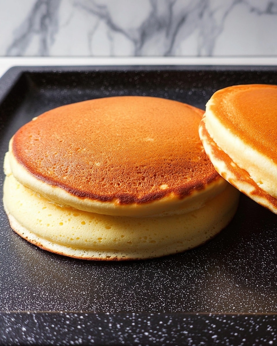 A stack of two thick, fluffy pale yellow pancakes sits centered on a textured white plate. Golden syrup drizzles gently down the sides of the pancakes. On the top pancake, there is a dollop of creamy white whipped cream with two bright red, sliced strawberries placed on it, showing their juicy red inside and green leaves. A whole red strawberry with green leaves rests on the plate to the right side of the stack. In front of the plate is a gold fork with a black handle placed diagonally. The setting shows a white marbled surface and a white tiled wall blurred in the background, with white ceramic containers and a small white bowl with a spoon in soft focus. Photo taken with an iphone --ar 4:5 --v 7