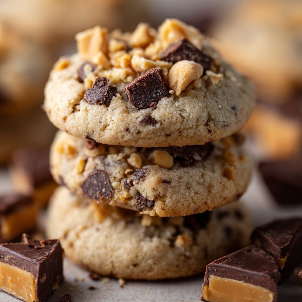 A close-up view of a stack of soft, round cookies with a light brown base and darker brown swirls on top, sprinkled with coarse sea salt crystals. The cookies have a slightly cracked texture and are arranged in a row on a white marbled surface. Around the cookies, pieces of broken toffee covered in dark chocolate and plain toffee shards are scattered. The background is softly blurred to keep the focus on the cookies and toffee pieces. photo taken with an iphone --ar 4:5 --v 7