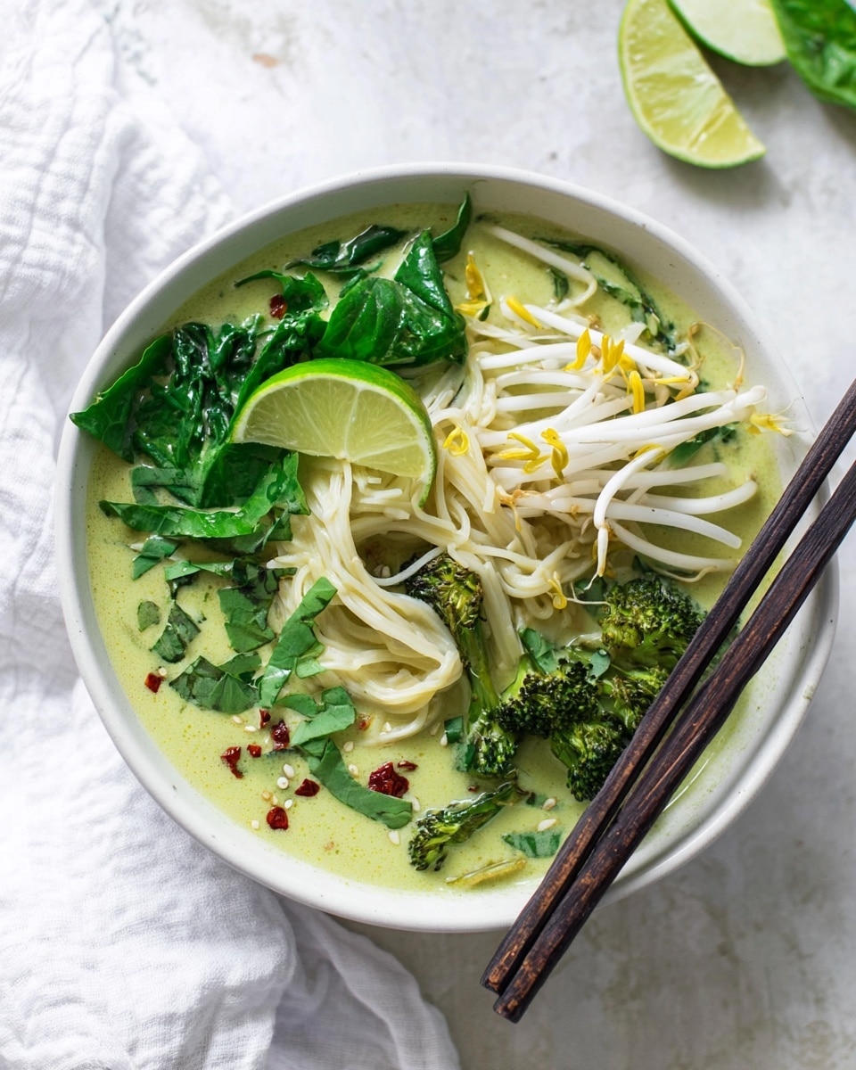A white bowl filled with clear broth layered with thin white noodles held gently by a pair of dark chopsticks above the bowl, showing a slight sheen and some red pepper flakes sprinkled on them. Inside the bowl, bright green leafy greens and broccoli sit against the sides, with a fresh green lime slice partially submerged near the noodles. Light yellow bean sprouts are also placed on top, slightly piled to the side. The bowl rests on a white marbled surface with a white cloth underneath, and a few stalks of lemongrass lie nearby. The bright natural light creates a clean and fresh look. Photo taken with an iphone --ar 4:5 --v 7