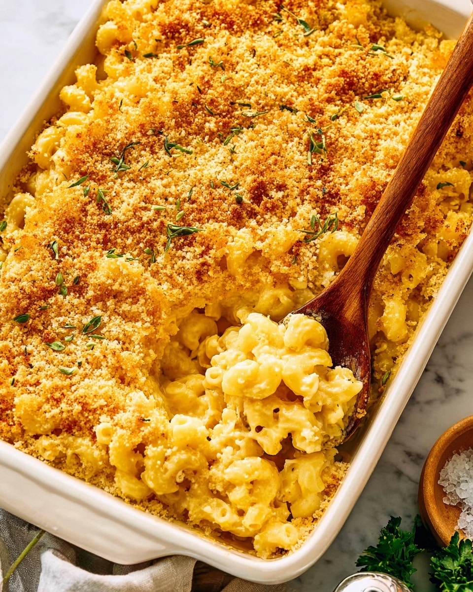 The image shows a close-up of a rectangular white baking dish filled with macaroni and cheese. The top layer is golden brown and crispy breadcrumbs sprinkled with small green herbs. Underneath, several layers of creamy, melted yellow cheese coat the curly macaroni pasta, creating a rich, smooth texture. A wooden spoon scoops out some macaroni and cheese from one corner, revealing the soft, cheesy pasta beneath the crust. The dish sits on a white marbled surface with a salt shaker and some green herb leaves on the side. Photo taken with an iphone --ar 4:5 --v 7