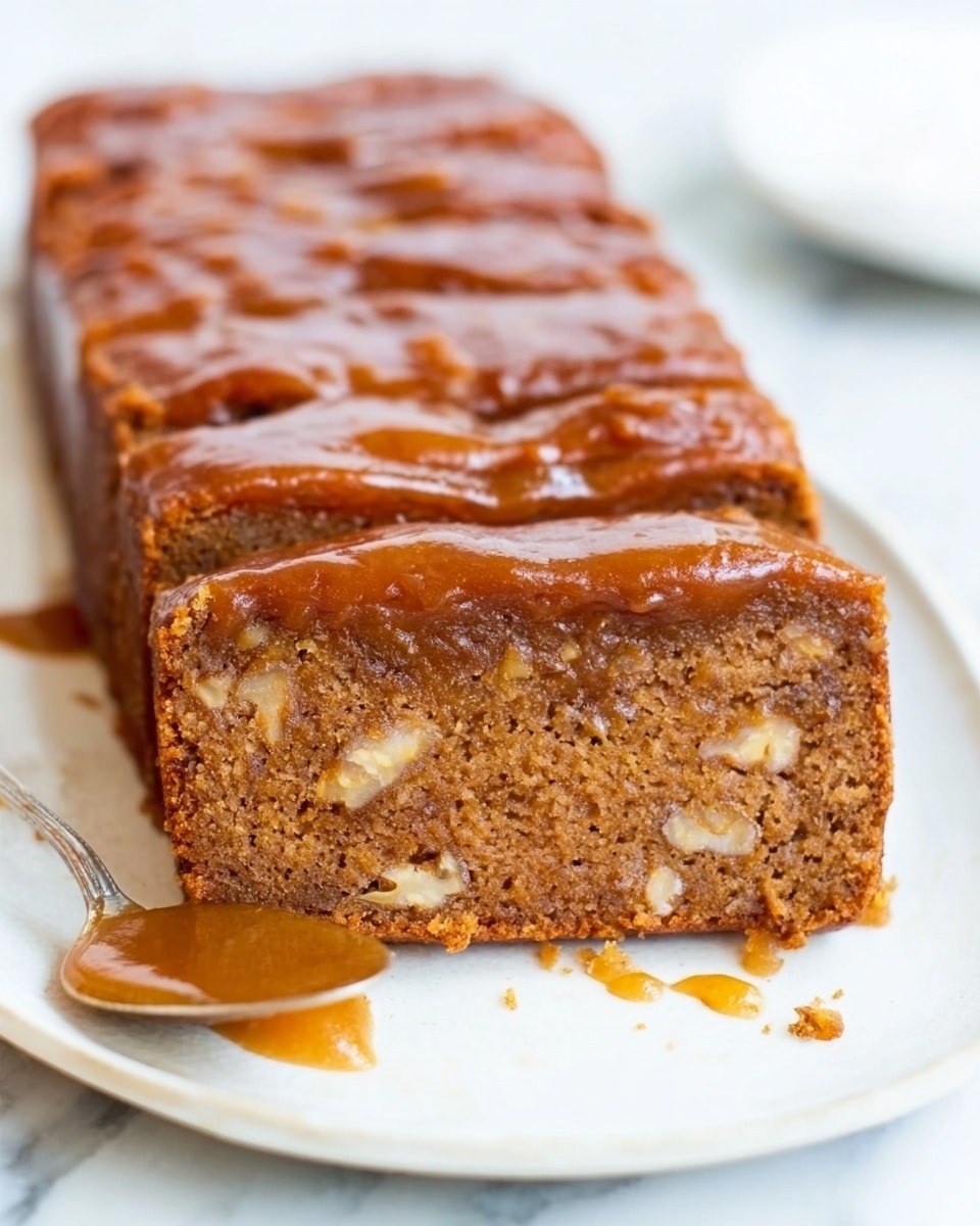 The image shows three slices of brown banana bread stacked on each other on a white plate with a subtle floral texture. The bread's texture looks soft and moist, with visible small bits inside, likely nuts or banana pieces, giving it a slightly speckled look. The edges of the bread are a darker brown, showing a slight crust. The white marbled surface in the background adds a clean and simple look, with soft lighting creating gentle shadows around the bread. photo taken with an iphone --ar 4:5 --v 7