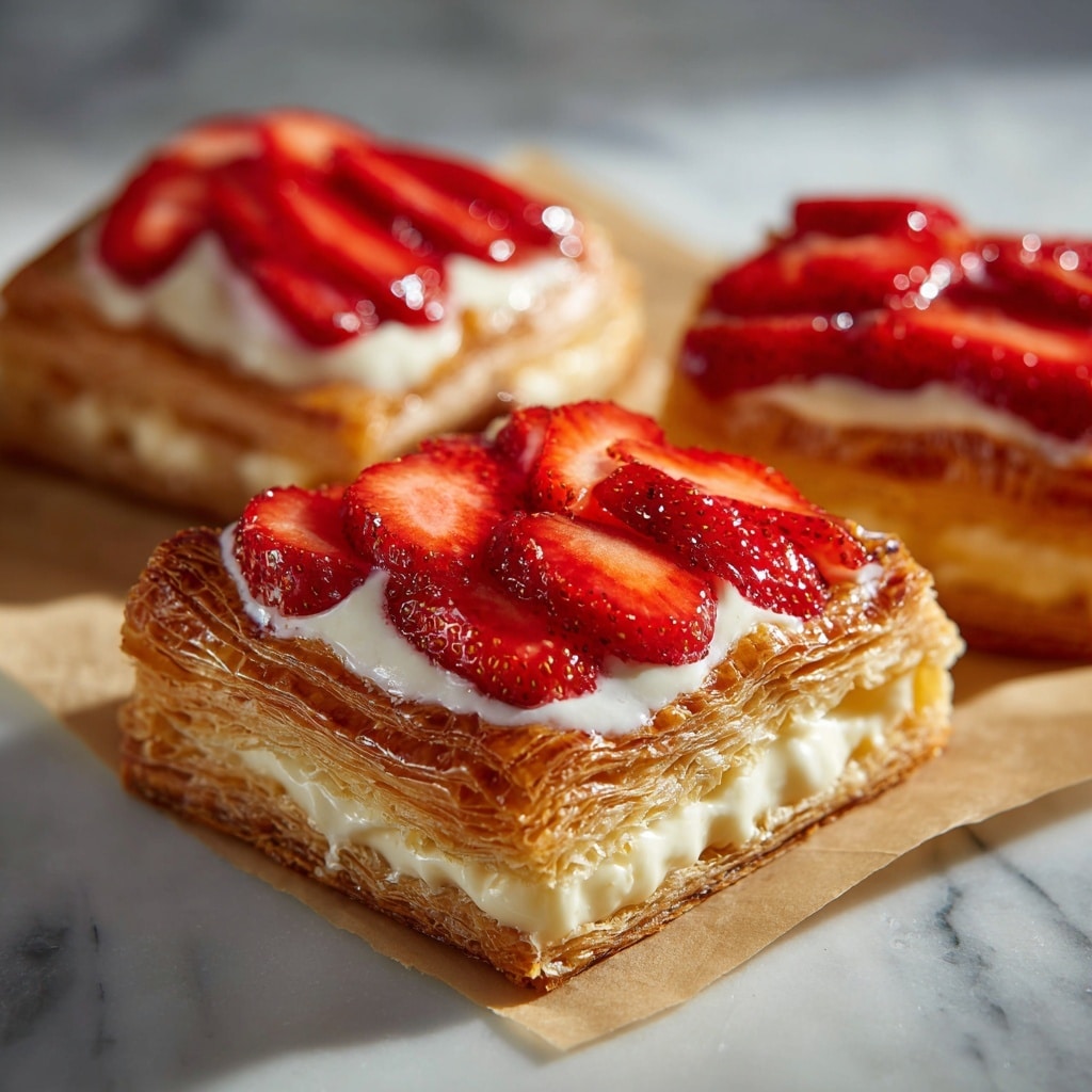 The image shows three square-shaped pastries with a golden-brown, flaky crust that has multiple visible layers. Each pastry is topped with a creamy, smooth white layer placed in the center. On top of the cream, there are several shiny, bright red strawberry slices arranged neatly, with a glossy glaze that makes them look fresh and juicy. The pastries are placed on light brown parchment paper, set on a white marbled surface under soft natural light that highlights the textures and colors. photo taken with an iphone --ar 4:5 --v 7