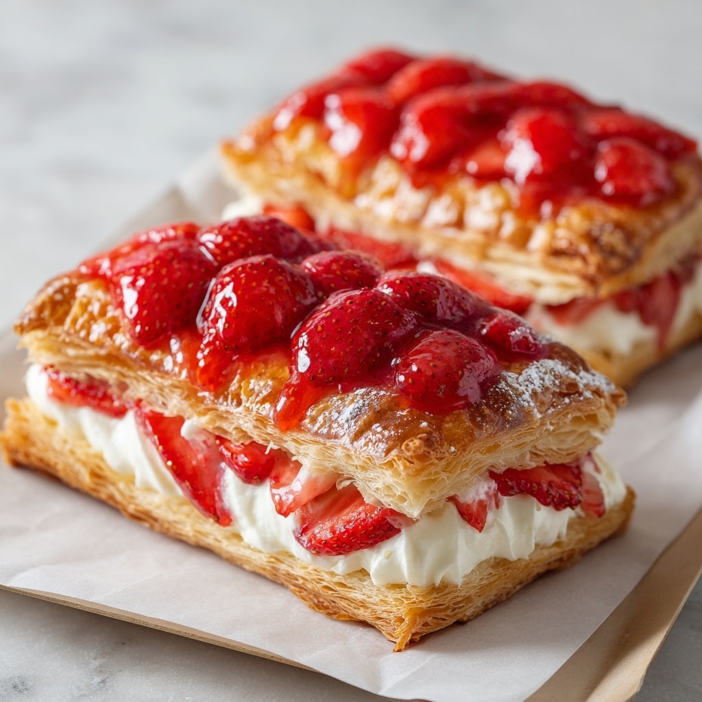 Two rectangular strawberry pastries sit on a white marbled surface, each placed on a white tray lined with parchment paper. Each pastry has three visible layers of golden, flaky puff pastry that are puffed and crisp around the edges. The bottom layer is filled with a creamy white filling, visible through the sides. The top layer is covered with a glossy red strawberry sauce topped with halved fresh strawberries that add a bright red and shiny texture. The pastries have a rustic, homemade look with slightly uneven edges. Photo taken with an iphone --ar 4:5 --v 7