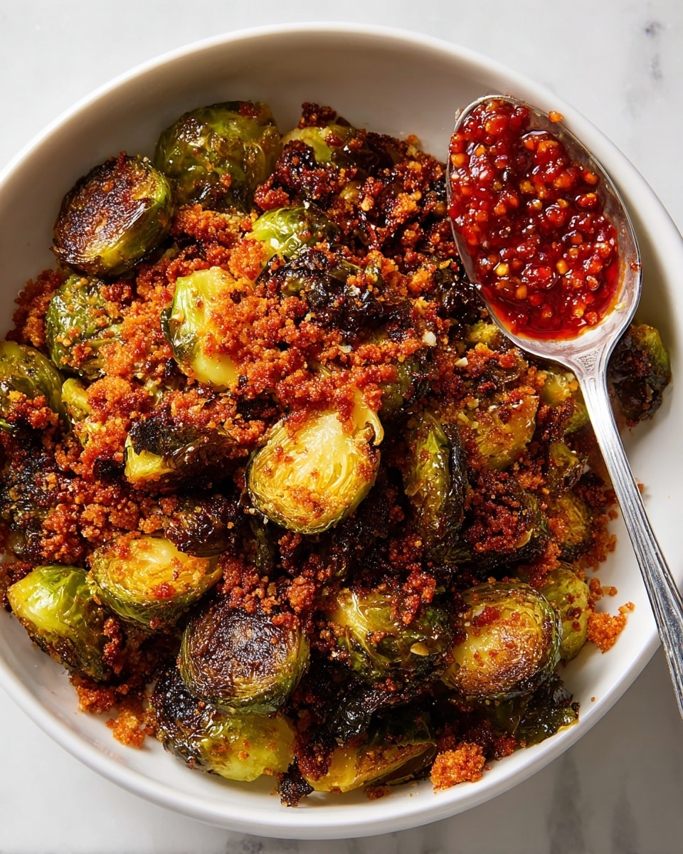 A close-up of a white bowl filled with roasted Brussels sprouts that are halved, showing a mix of dark brown and golden-yellow crispy edges. The Brussels sprouts are mixed with a crunchy reddish-orange crumb topping scattered throughout. On top, a silver spoon holds a glossy, deep red chili sauce with visible seeds, restin on the Brussels sprouts. The bowl sits on a white marbled surface. photo taken with an iphone --ar 4:5 --v 7