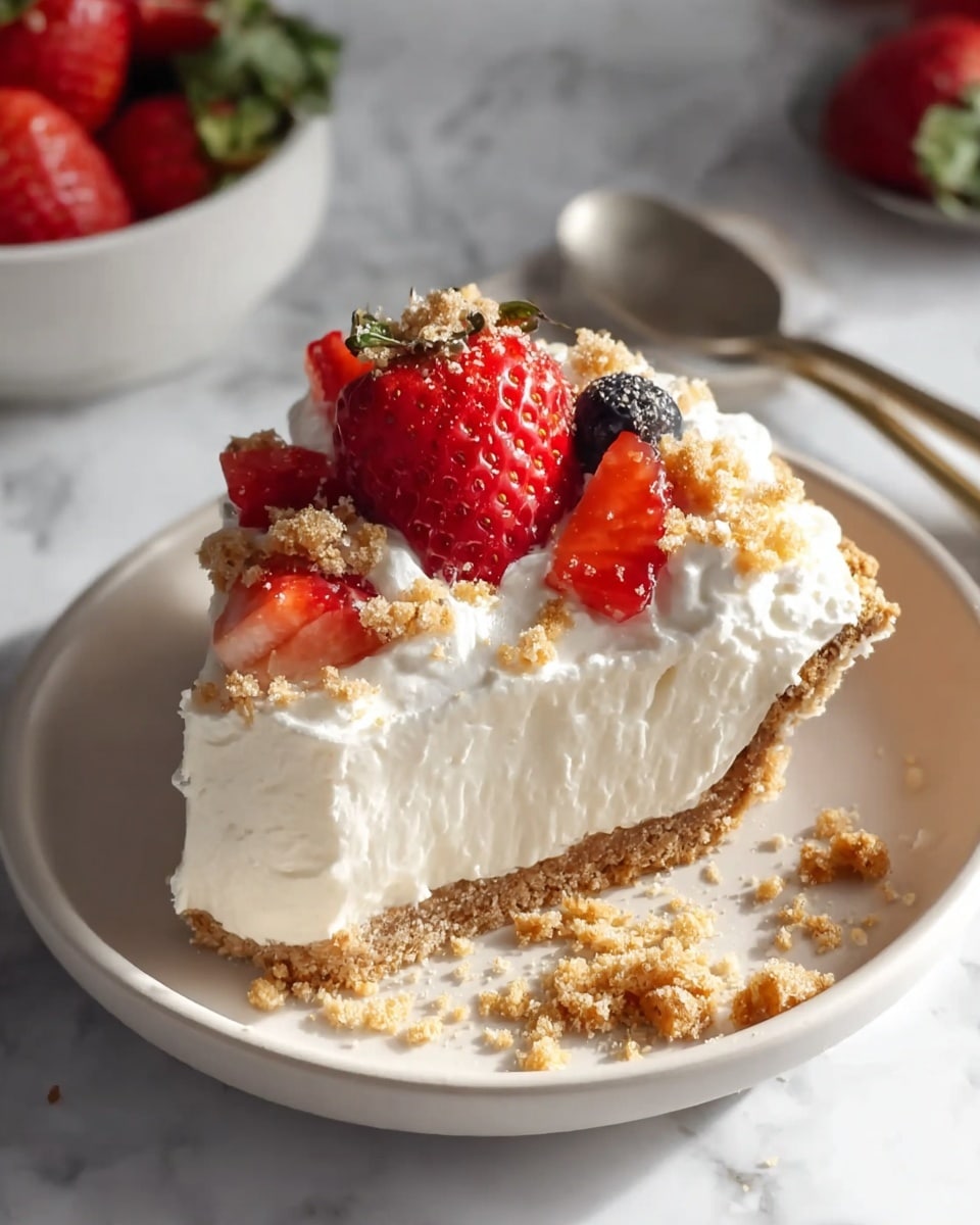 A single slice of pie is served on a white plate, showing three main layers. The bottom layer is a crumbly, light brown crust with some crumbs scattered around the plate. Above the crust is a thick, creamy white filling layer that looks soft and fluffy. The top layer is whipped cream, decorated with a whole bright red strawberry, some sliced strawberries, and sprinkled with crushed crumbs and a small blueberry. The scene is set on a white marbled surface with a spoon and a bowl of strawberries visible in the background. Photo taken with an iphone --ar 4:5 --v 7