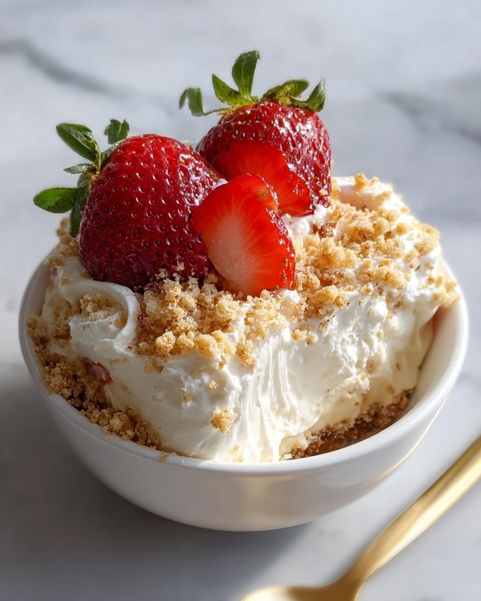 A white bowl holds a three-layer dessert with a crumb base that is light brown and crunchy-looking, topped by a thick, fluffy white cream layer, and sprinkled again with light brown crumbs on top. Two fresh strawberries garnish the top: one whole red strawberry with green leaves and one red strawberry slice. The bowl is placed on a white marbled surface, and a gold spoon peeks out from the side. photo taken with an iphone --ar 4:5 --v 7
