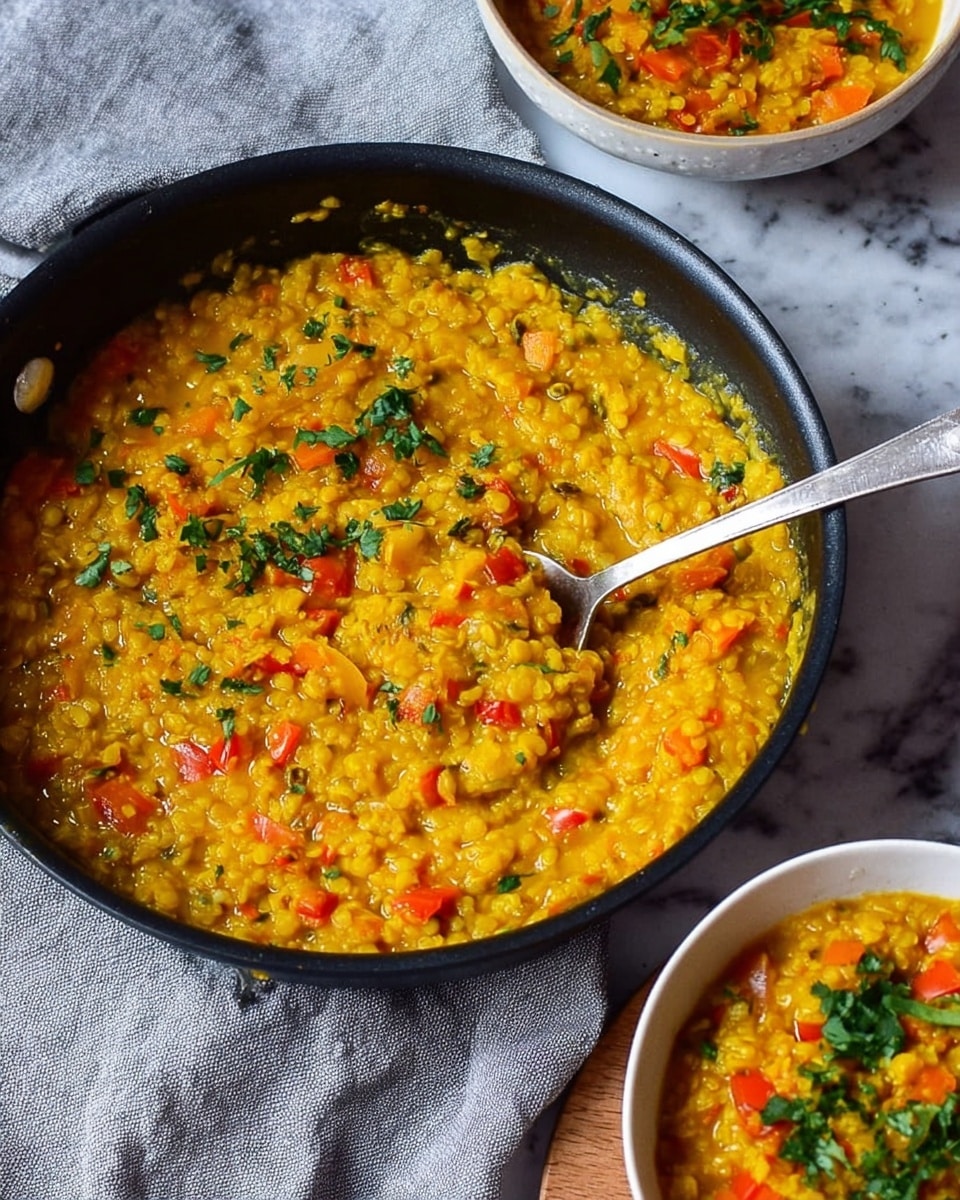 A white speckled bowl is filled with two layers: a thick, yellow lentil stew with visible small chunks of orange and red vegetables topped with scattered green herbs, covering about three-quarters of the bowl on the left side. On the right, there is a layer of white rice, sprinkled lightly with green herbs. A dark wooden spoon rests in the rice, partially submerged in the lentil stew. The bowl sits on a rough wooden surface next to a folded grey cloth. In the background, a pan filled with more of the yellow lentil stew is visible. Photo taken with an iphone --ar 4:5 --v 7