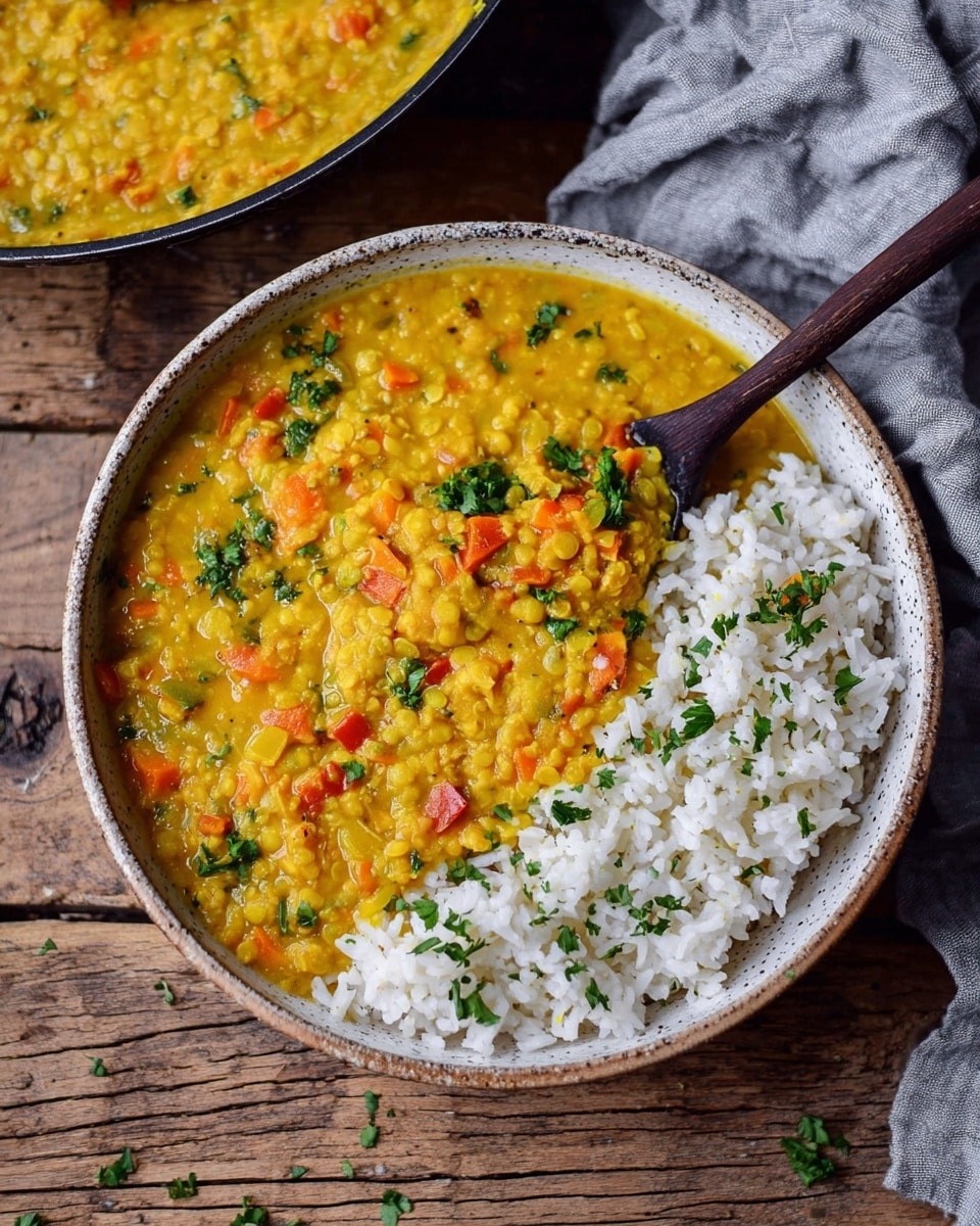 A close-up of a black pan filled with a thick, yellow-orange lentil dish mixed with small red bell pepper pieces and onion bits, garnished with chopped green herbs scattered on top. A silver spoon is placed inside the pan, partially lifting some of the lentil mixture showing its creamy texture. Nearby, a white bowl also contains a similar yellow lentil dish with visible red and orange pepper pieces. The setting includes a gray cloth napkin and a white marbled surface underneath. Photo taken with an iphone --ar 4:5 --v 7