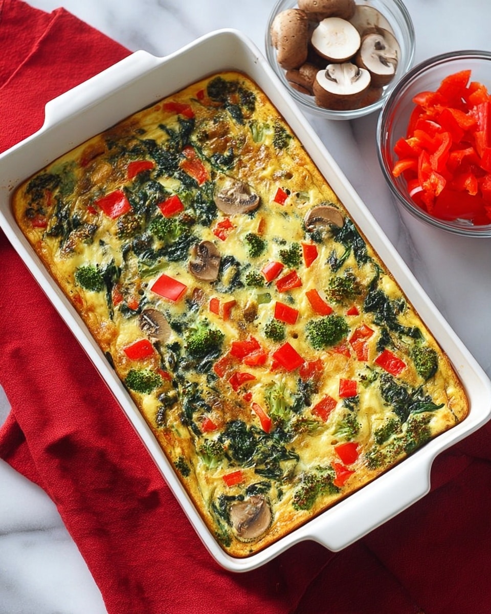 A rectangular white dish filled with a baked vegetable casserole showing layers of light yellow egg base mixed with dark green spinach, bright red bell pepper pieces, and small broccoli florets scattered across the surface, some slightly browned edges and patches of brown mushrooms visible throughout. The dish is placed on a red cloth over a white marbled surface, with a small white bowl filled with chopped red bell peppers and a clear glass bowl holding sliced mushrooms nearby. photo taken with an iphone --ar 4:5 --v 7