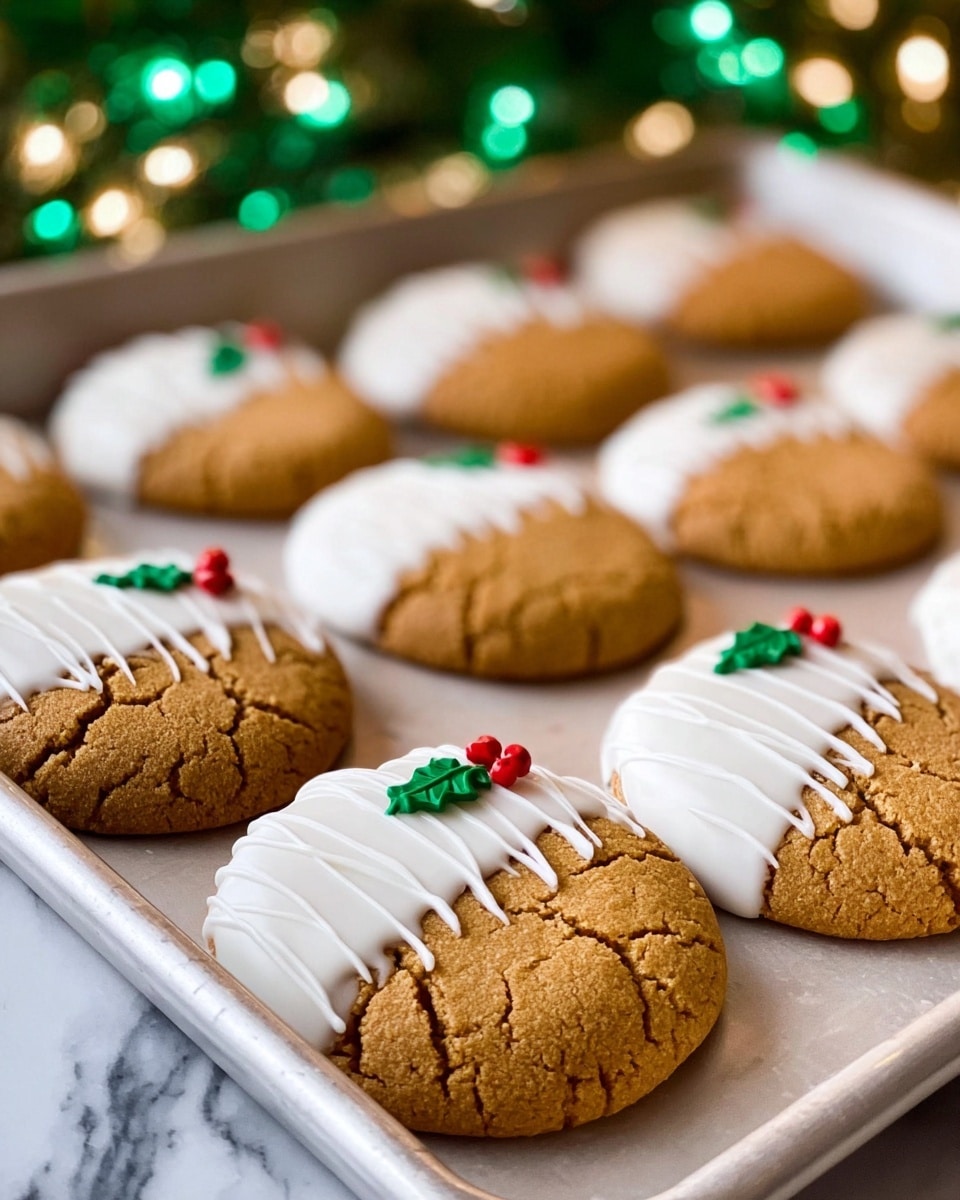 A metal baking tray holds several round cookies with a golden brown cracked top. Each cookie is half dipped in smooth white icing that covers the bottom half, and is decorated with thin white icing lines drizzled diagonally across the dipped area. Near the edge where the icing ends, small green holly leaves and two red berries made of icing decorate each cookie. The background shows blurred green Christmas tree lights, adding a festive feel. The tray is placed on a white marbled surface. Photo taken with an iphone --ar 4:5 --v 7