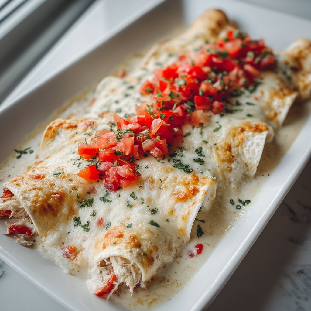 A white rectangular baking dish holds six rolled enchiladas side by side, covered in a golden-brown melted cheese layer with slightly charred edges. The creamy cheese sauce on top is smooth and glossy, with small bits of diced red tomatoes and green jalapeño pieces scattered over it. The edges of the enchiladas show the soft, white tortillas underneath. The dish sits on a white marbled surface, surrounded by small wooden bowls of chopped jalapeños, diced tomatoes, and sour cream. A whole green jalapeño pepper is partially visible to the right. Photo taken with an iphone --ar 4:5 --v 7