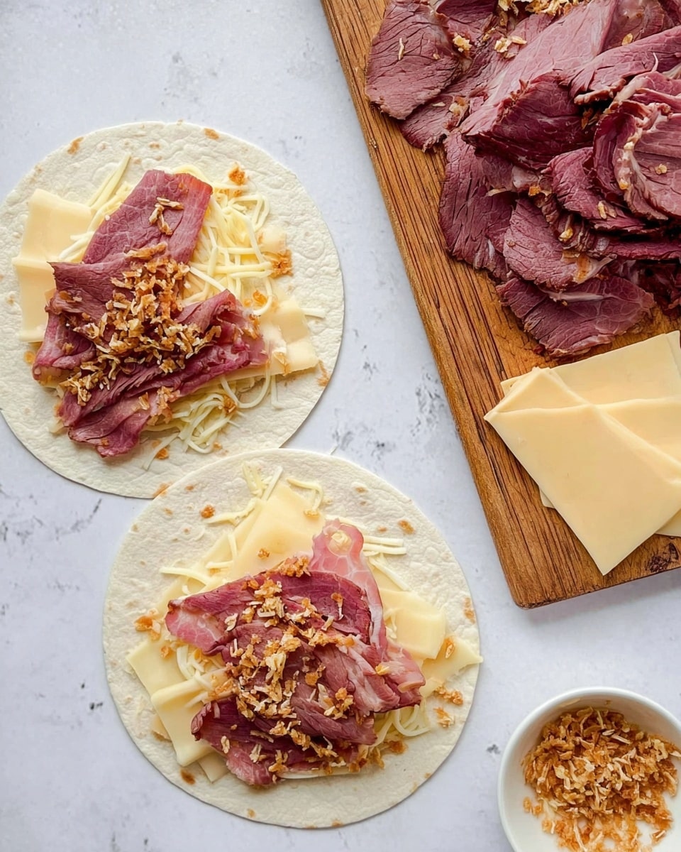 The image shows two white tortillas laid flat on a white marbled surface, each topped with layers of light yellow sliced cheese, thin slices of pink roast beef evenly spread, and sprinkled with small crispy light brown bits. To the right, there is a wooden board holding a pile of roast beef slices, a small white bowl filled with more crispy bits, and three slices of pale yellow cheese arranged in a row. The overall look is fresh and ready for assembling into wraps. Photo taken with an iphone --ar 4:5 --v 7